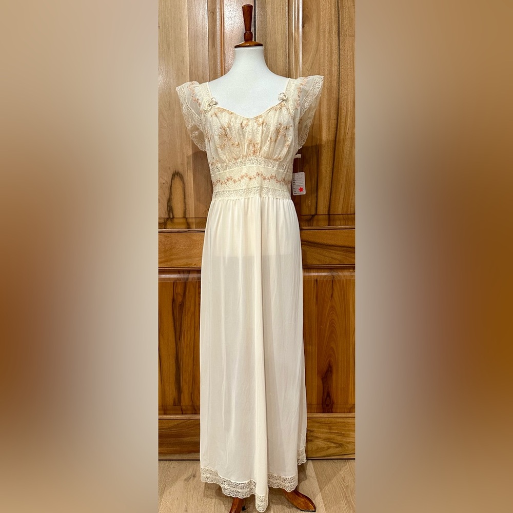 VTG 30s Mojud Négligée & Robe Set Sheer Cream Lace/Brown Embroidery Nylon Tricot